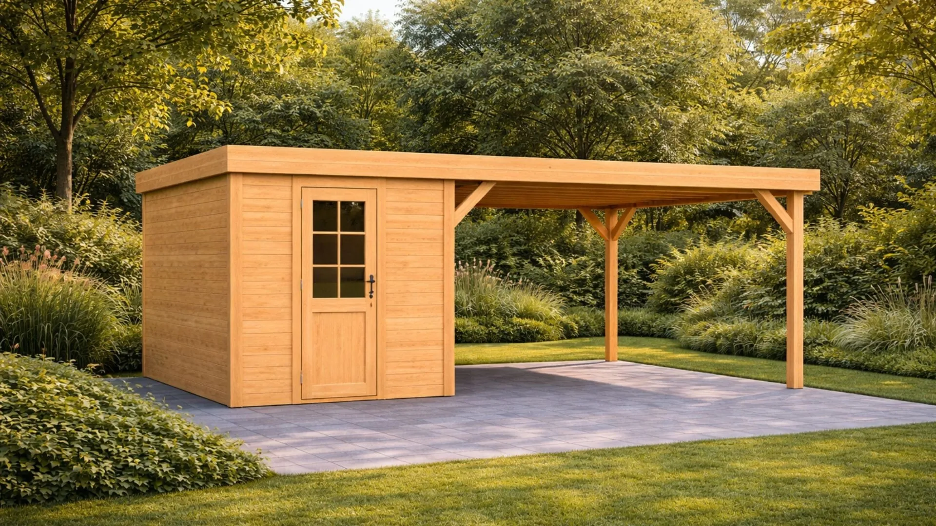 Douglas overkapping met plat dak - Comfort zonder overstek, met berging geschaafd