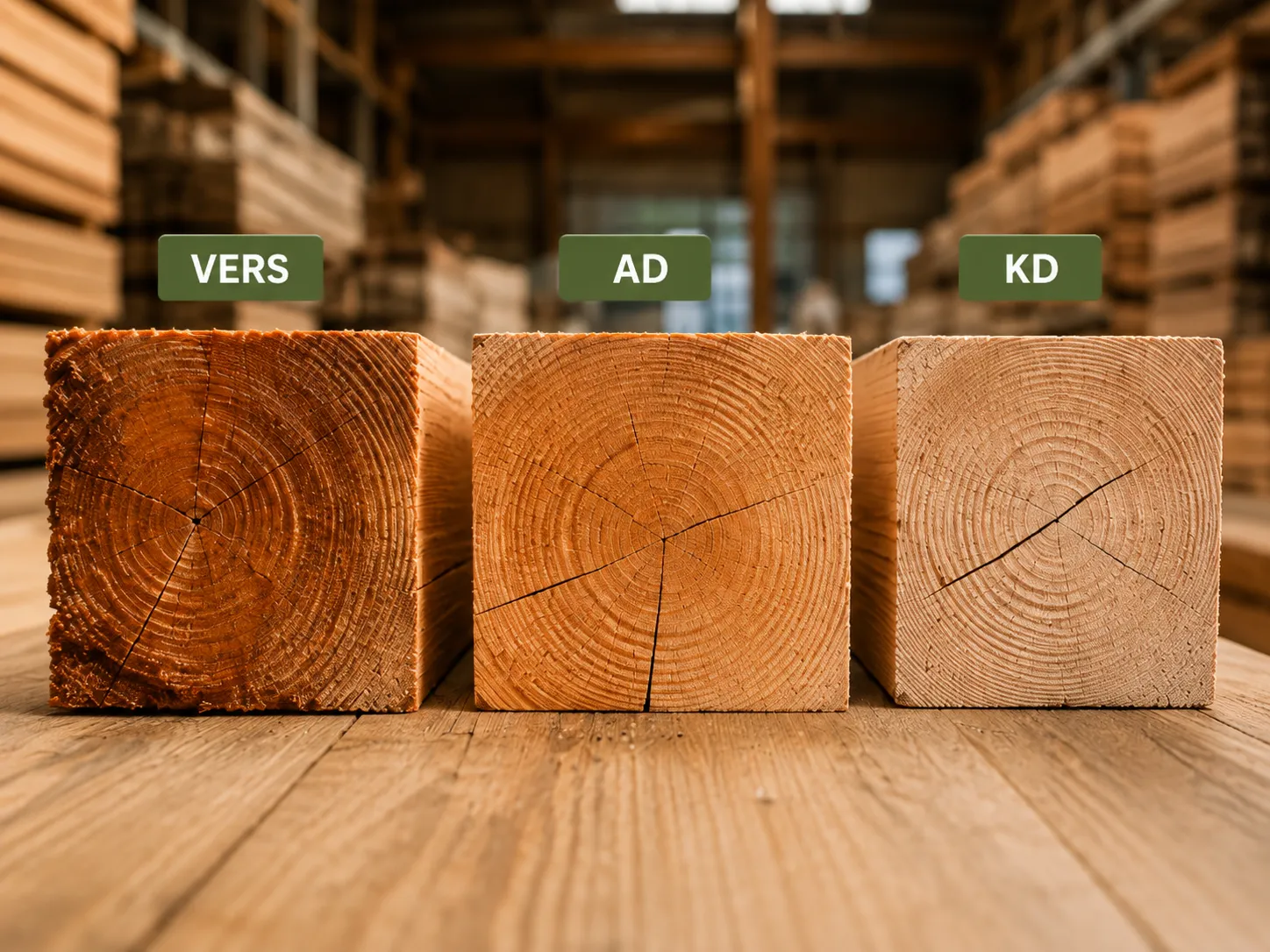 Het verschil tussen vers, AD en KD hout