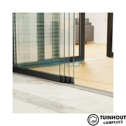 Glazen schuifwanden zwart 4-rail tot 3860 mm breed 4 x 980 mm glas