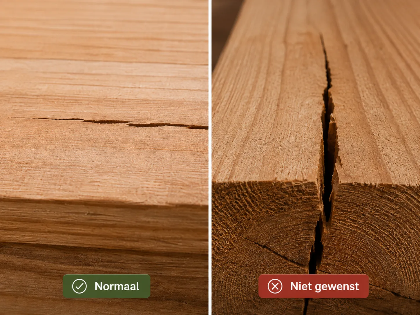 Wel en niet normaal gespleten houten balk