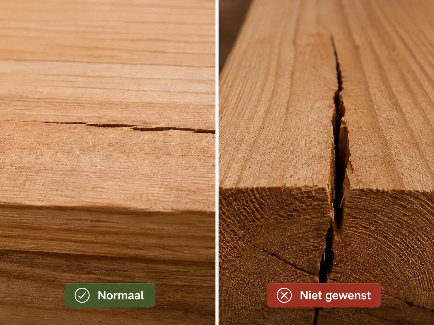 Wel en niet normaal gespleten houten balk