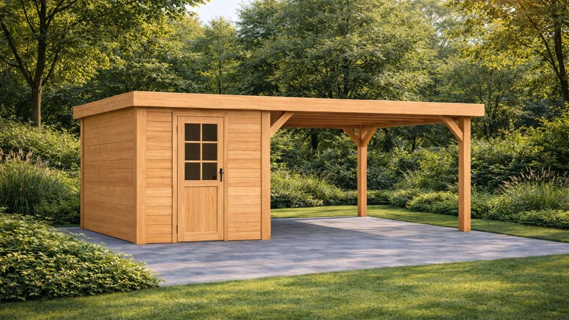 Douglas overkapping met plat dak - Robuust zonder overstek, met berging geschaafd