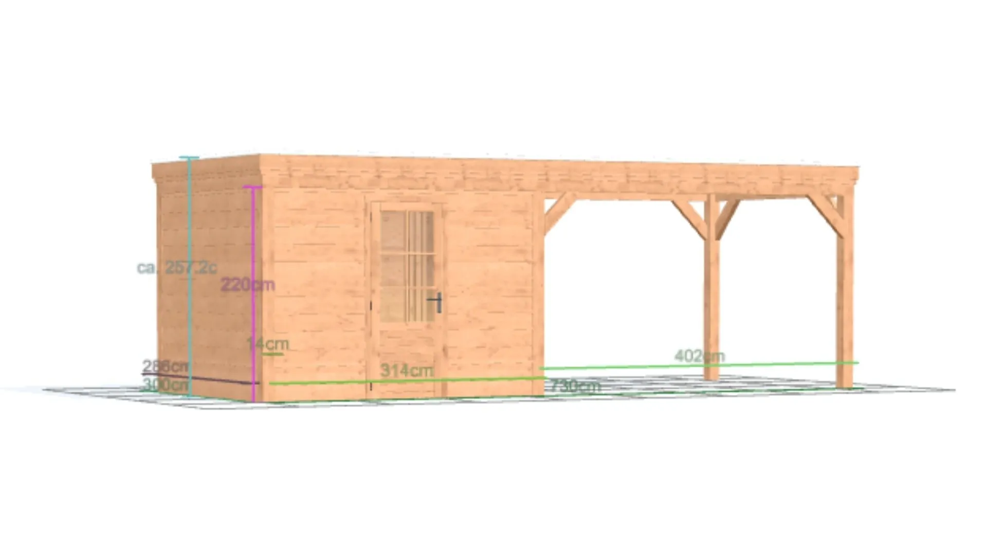 Douglas overkapping met plat dak - Comfort zonder overstek, met berging geschaafd