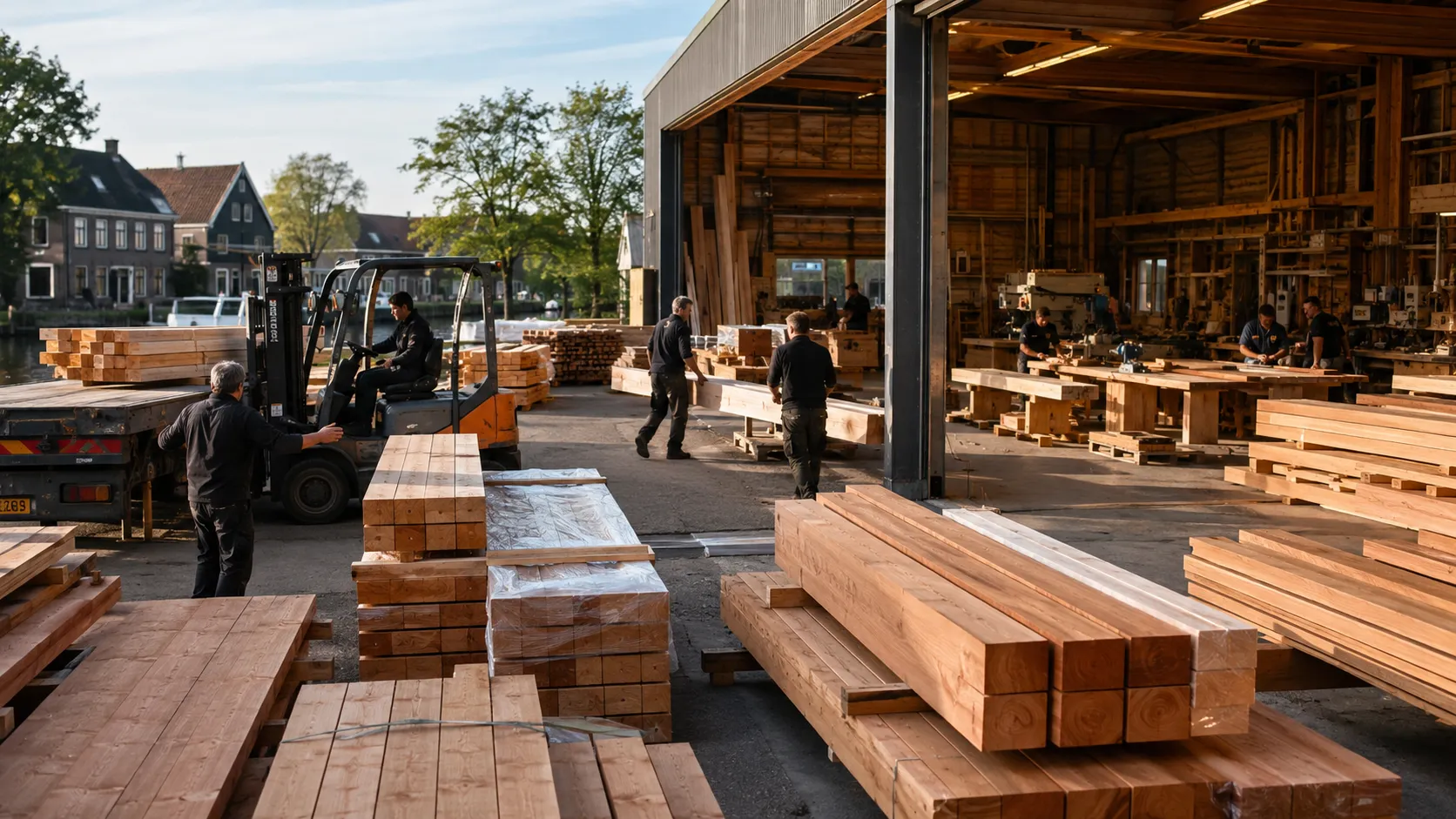 Buitenplaats met diverse stapels hout en werkende mensen