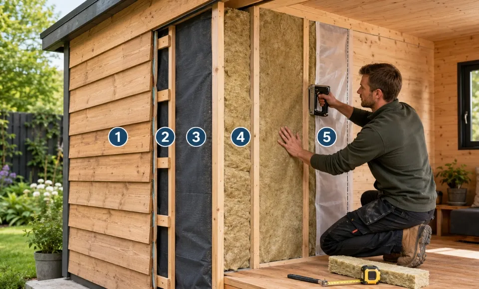 Wanden isoleren tuinhuis met dampopen folie, isolatiemateriaal en dampremmende folie.